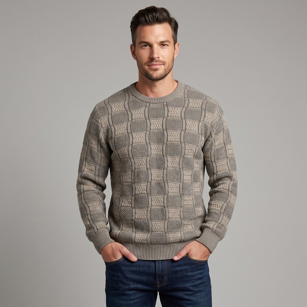 Claiborne Mens Large Brown Sweater Crew Neck Textured Cable Knit Cotton Pullover